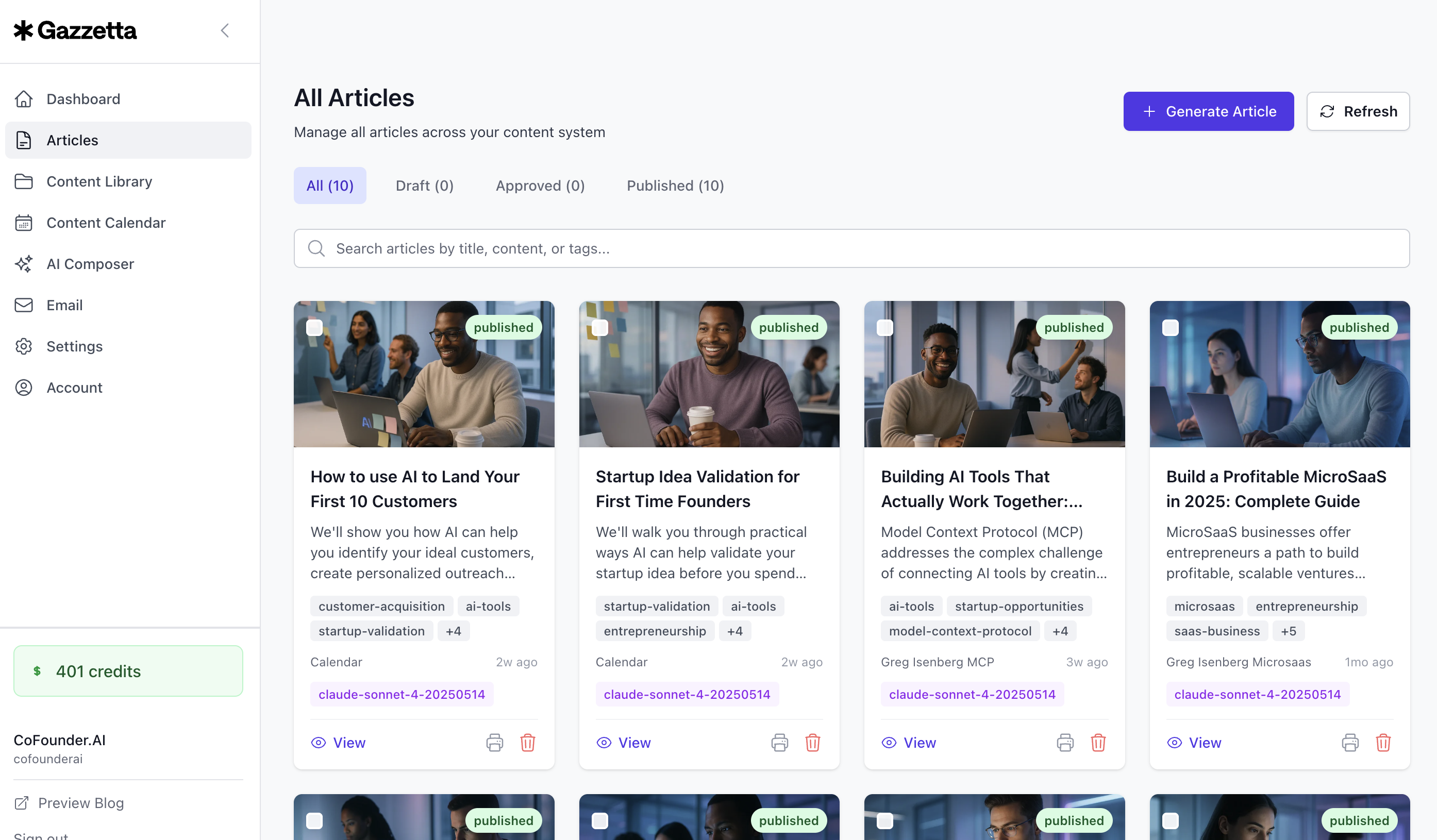 Content pipeline dashboard showing all articles